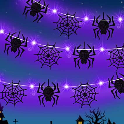 Halloween Lights with Spider and Spider Web Decor 9.8 Feet 30 LED Fairy Lights String 2 Modes Battery Halloween String Lights for Halloween Thanksgiving Garden Indoor Outdoor Decorations (Purple)