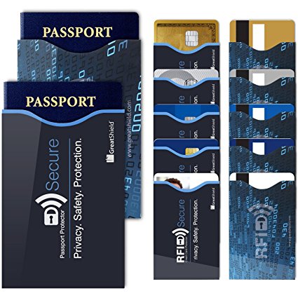 15 RFID Blocking Sleeves, GreatShield RFID Blocking Sleeve [12 Credit Card Holders | 3 Passport Protectors] Identity Theft Protection Sleeve Set for Men & Women