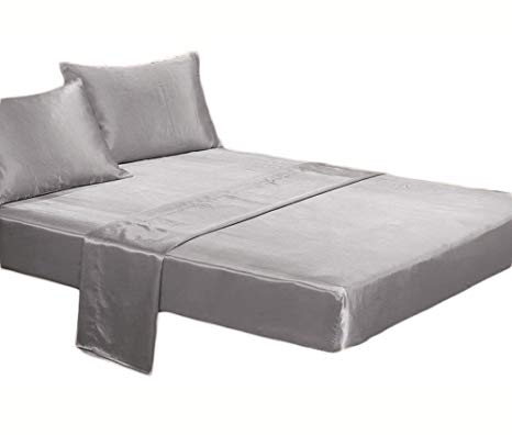 Soft Silky Solid Satin 4 Piece Set Sheets Set,For Full Size Bed (Silver)