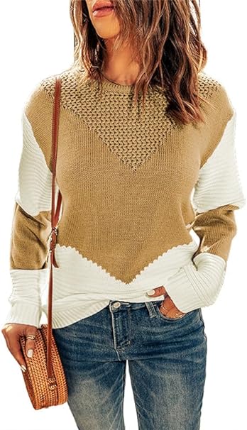 Dokotoo Womens Crochet Crewneck Long Sleeve Pullovers Color Block Tunic Ribbed Sweaters Jumper Tops