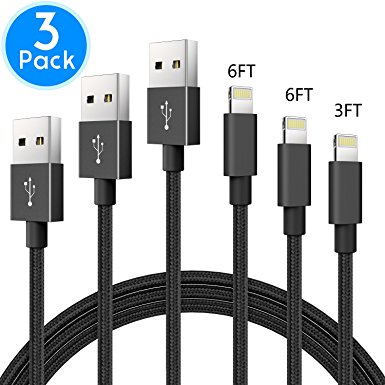 GANJOY 3Pack 3FT/6FT/6FT Braided Charging iPhone Charger Cord, Compatible with iPhone 6/7 and More (Black)