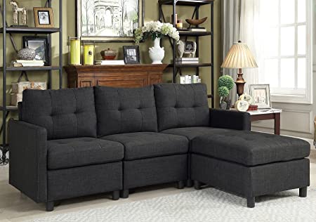 Sectional Sofa Set L-Shaped Couch Reversible Modular 75" Love Seats Futon Couch Furniture with Reversible Ottoman for Small Space Living Room (Dark Gray 3 Seat)