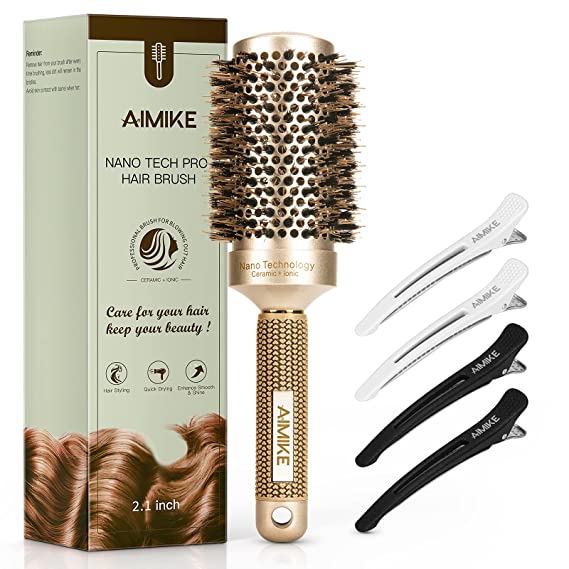 AIMIKE Round Brush for Women, Nano Thermal Ceramic and Ionic Tech Hair Brush, Large Round Brush with Boar Bristles for Blow Drying, Styling, Curling, Increase Hair Shine (Barrel 2 Inch)   4 Hair Clips