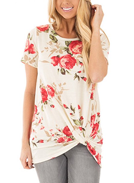 Dokotoo Womens Summer Casual Short Sleeve Floral Knot Blouse Tops and T-Shirts