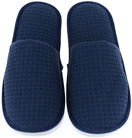 LUXEHOME Disposable Slippers, Closed Toe Waffle Cotton Guest Spa Slippers, 2 Size Slippers Fit Most Women and Men, Navy Blue and White, 5 Pairs
