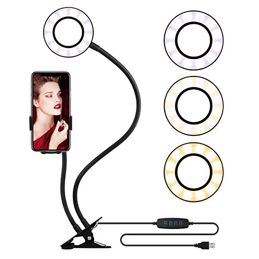 Selfie Ring Light Automatic Cell Phone Holder Stand Live Stream Makeup, OldShark LED Camera Lighting 360 Rotating Flexible Arms YouTube Video 3-Light Mode 10-Level Brightness (Automatic Mount)