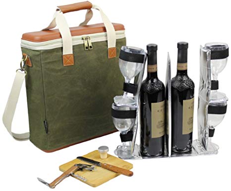 EVA Molded 3 Bottle Wax Canvas Wine Cooler Bag/Insulated Wine Carrier for Travel/Champagne Carrying Tote/Wine & Cheese Set with 4 Glasses, Wine Opener & Stopper, Bamboo Cheese Board and Knife