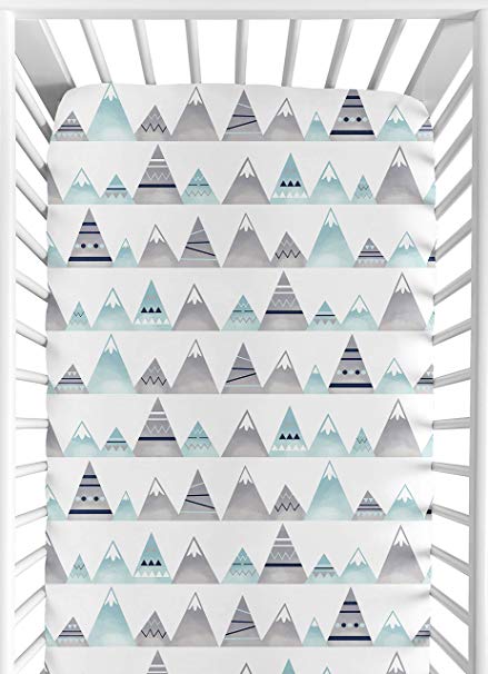 Sweet Jojo Designs Navy Blue, Aqua and Grey Aztec Baby or Toddler Fitted Crib Sheet for Mountains Collection by