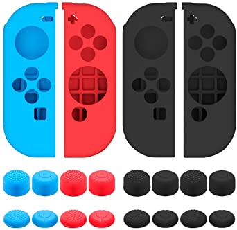 Protective Case for Nintendo Switch Joy-Con Controller with Thumb Caps, SENHAI 2 Pack Anti-slip Silicone Grips Covers with 16 Thumb Stick Pads - Black, Blue   Red