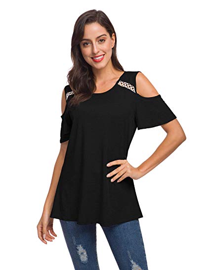 Womens Tops, Cold Shoulder Tops, Cute Round Neck Summer Loose Tunic Tops Blouse Shirts