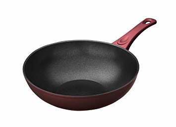 Saflon Titanium Nonstick 11-Inch Wok Pan, 4mm Forged Aluminum with PFOA Free Scratch-Resistant Coating from England, Dishwasher Safe (Red)