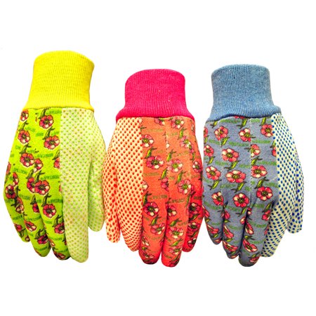 G & F Soft Jersey Garden Gloves, 3 Pairs, Green/Pink/Blue, Women