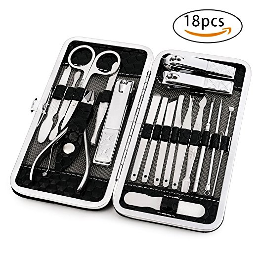 Mens Manicure Set - Jwxstore 18 In 1 Stainless Steel Professional Pedicure Kit Nail Scissors Grooming Kit with Black Leather Travel Case