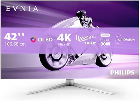 PHILIPS Evnia 42M2N8900-42 Inch 4K Gaming Monitor, 138Hz, OLED, 0.1ms GTG, Ambiglow, 10 bit display, 10w speakers, Height Adjust (3840 x 2160 @ 138Hz, 450 cd/m² HDMI 2.1 / DP 1.4 / USB-C 90w PD)