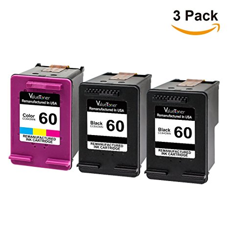 Valuetoner Remanufactured Ink Cartridge Replacement For Hewlett Packard HP 60 CC640WN CC643WN (2 Black, 1 Tri-Color) 3 Pack