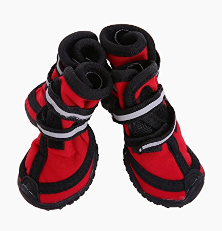 Waterproof Pet Shoes Boots,Breathable Paw Sole Protectors with Reflective Velcro by QBLEEV, Rugged Anti-Slip Water Resistant for Small Medium Large Dogs, Pack of 4 Pcs Red Blue Orange Labrador Husky