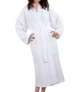 Waffle Weave Robe Kimono Spa Bathrobe Made in Turkey (White, Small / Medium)
