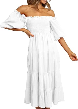 R.Vivimos Women's Summer Cotton Lantern Sleeves Ruffled Off Shoulder A-Line Midi Dresses