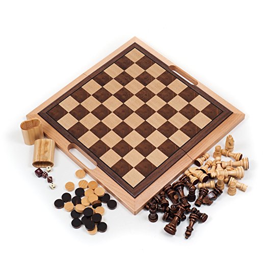 Deluxe Wooden Chess, Checker and Backgammon Set, Brown