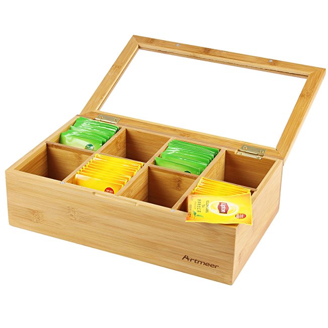 Artmeer Bamboo Tea Storage Box with Clear Lip, Natural