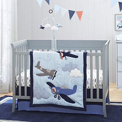 Carter's Take Flight Airplane/Cloud/Star 4 Piece Nursery Crib Bedding Set, Blue, Navy, Grey, Orange