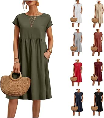 Cotton Dresses for Women 2024 Summer Linen Casual Beach Midi Dress Short Sleeve Loose Flowy Sundress with Pockets