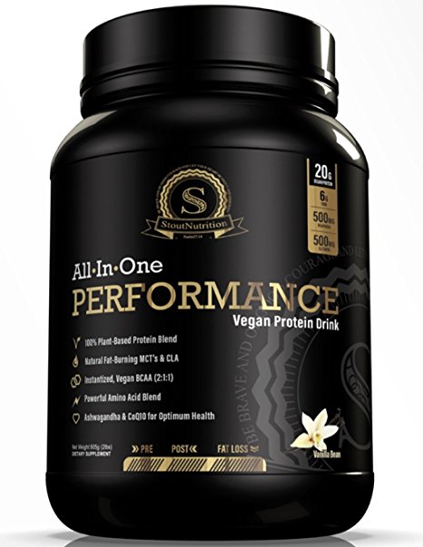 All In One Performance Vegan Protein Drink, Vanilla Bean - 100% Plant Based with 20g Protein, 6g Fiber, BCAA, 1g Amino Acids, 1g CLA,1g MCT Oil, CoQ10, Ashwagandha, Monk Fruit