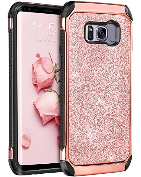 Galaxy S8 Case, Samsung Galaxy S8 Case, BENTOBEN Shockproof Glitter Sparkly Bling 2 in 1 Hybrid Hard PC Shiny Faux Leather Chrome Protective Case for Samsung Galaxy S8 2017 (5.8 Inch), Rose Gold