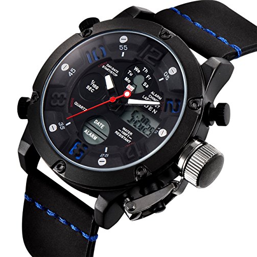 Mens Big Face Military Sports Watches Men Analogue Digital 30M Waterproof Alarm Stopwatch Gents Tough LED Digital Timer Unique Casual Wrist Watch with Black Leather Band (Blue)