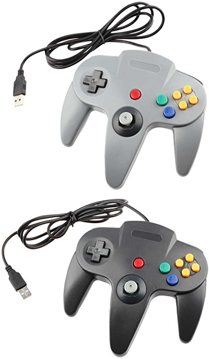 TCK USB Game Controller for N64 Nintendo 64 PC Windows Mac (2-Pack, Black & Grey)