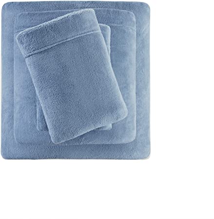 True North by Sleep Philosophy Soloft Plush Bed Sheet Set, Wrinkle Resistant, Warm, Soft Fleece Sheets with 14" Deep Pocket Cold Season Cozy Bedding-Set, Matching Pillow Case, Queen, Blue, 4 Piece
