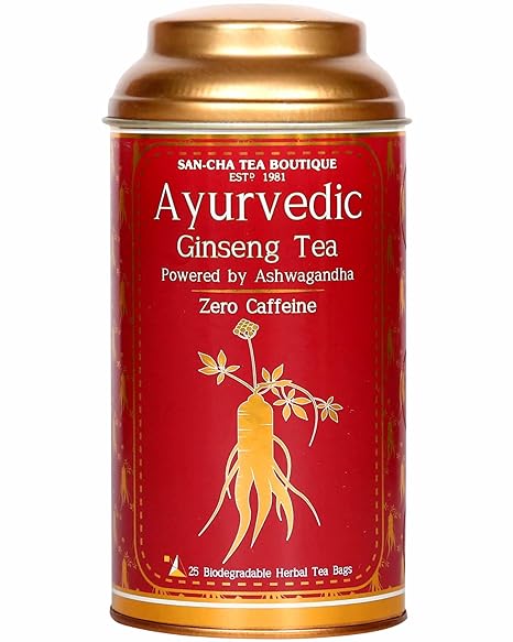 Sancha Tea Boutique Ginseng Tea, Ashwagandha Tea, Ashwagandha Indian Ginseng Tea, Pyramid Tea Bags (Pack of 25), Caffeine Free Herbal Tea, Ayurveda Immunity Booster