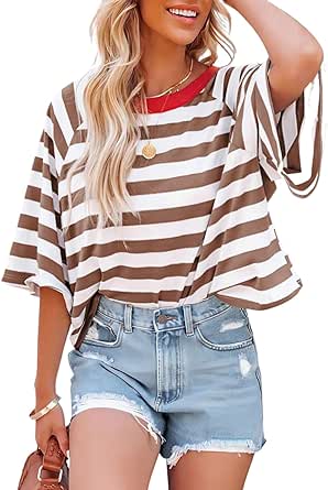 Dokotoo Tops for Women Striped 2024 Fashion T Shirts for Women Color Blocking Design Loose Basic Tee