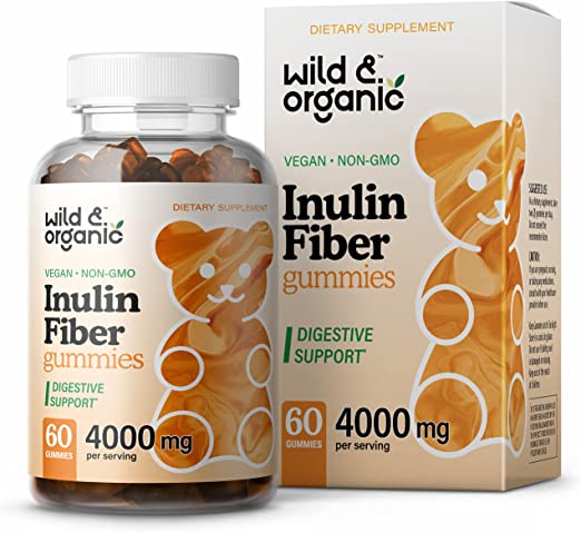 Wild & Organic Inulin Fiber Gummies - Natural Prebiotic Supplement to Support Digestive Health & Immune System - Sourced from Organic Chicory Root - Vegan, Non-GMO Dietary Product - 4000mg, 60 Chews