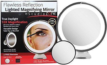 Lighted Makeup Mirror 10X Magnifying with True Daylight LED - Mount or Table Top - Touch   Dim - Cordless Home or Travel Vanity Bathroom Set w/ Bonus 15X Magnification Mirror & Microfiber Cloth