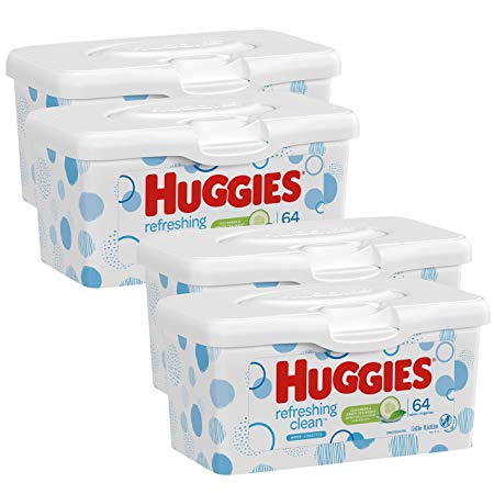 Huggies Refreshing Clean Scented Baby Wipes, Hypoallergenic, Refillable Pop-up Tub, 4 Tubs of 64 Wipes, 4 Count, Size 1