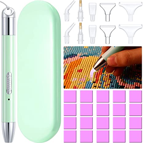 LED Diamond Painting Drill Pen USB Rechargeable Light Point Drill Pen Diamond Painting Pen Accessories with 5 Pieces Pen Head, 20 Pieces Glue Clay, Storage Case for DIY Painting Craft (Green)