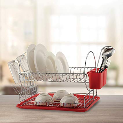 Sweet Home Collection Dish Drainer Drying Rack 2 Tier Basic Set Drain Board and Utensil Holder Simple Easy to Use 12" x 19" x 5" Red