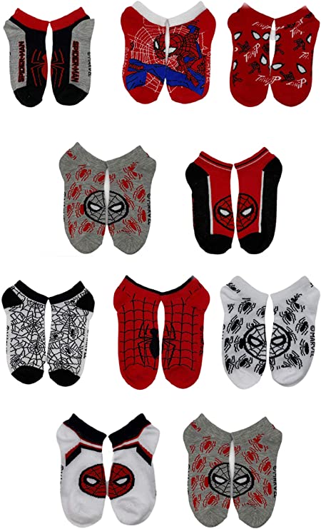 Marvel Spiderman Boys Assorted 10-Pack Athletic Low Cut No Show Socks, Youth Ages 3-7