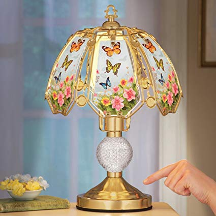 OOHHOO Floral Butterflies Glass Shade Touch Lamp Gold-tone Base Tabletop Beautiful