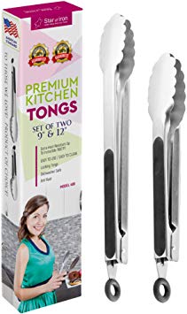 Tongs for Cooking and Salad Tongs for Serving - Metal Utensil Set of 2 Tongs 9, 12 Inch