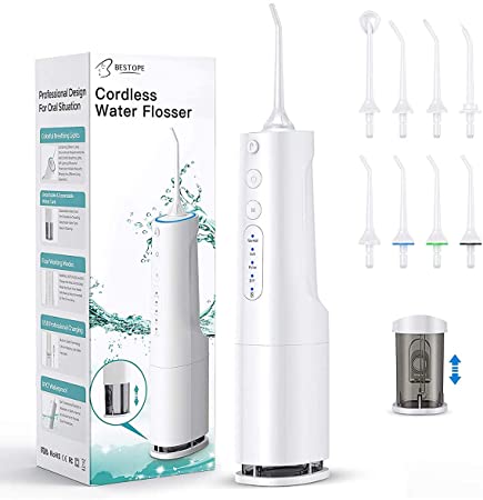 Water Flosser BESTOPE 360ML Cordless Water Pick Teeth Cleaner Portable Rechargeable Oral Irrigator with DIY Mode Retractable Double Water Tank IPX7 Waterproof for Home and Travel