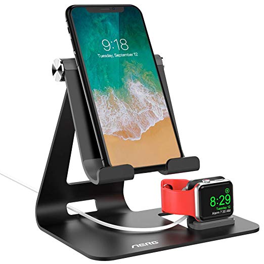 Apple Watch Stand, Aerb Apple Watch and Phone Charging Station Dock, 3 in 1 Universal Desktop Stand Holder for Tablets, iPad, iPhone X 8Plus/8/7Plus/7/6Plus/6S and iWatch 38mm/42mm, Aluminum, Black