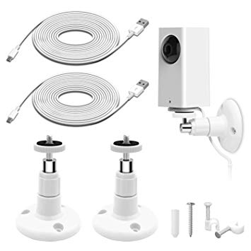 [2 Pack] Security Camera Wall Mount for Wyze Cam Pan with 16.4FT Charging Cable, Wyze Cam Pan Mounting Kit Including Charging and Data Sync Cord, 360 Degree Adjustable Ceiling Mount, and 30 Wire Clips