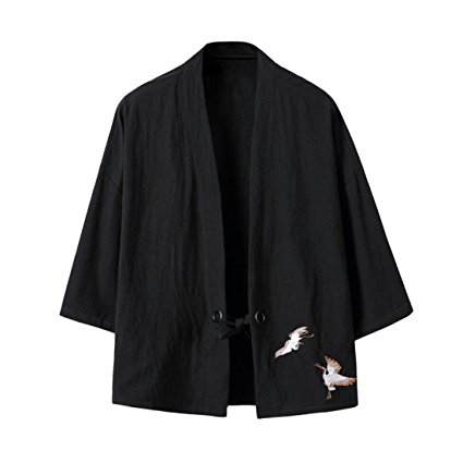 Hzcx Fashion Men's Cotton Blends Linen Open Front Cardigan Kimono Jackets
