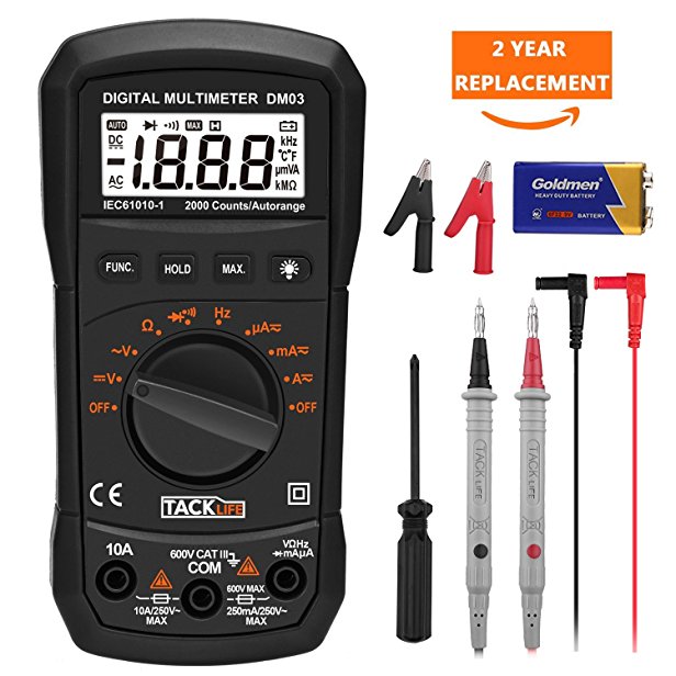 Digital Multimeter Tacklife Pocket DM03S Auto Ranging Multimeter AC / DC Voltage, Current, Frequency, Resistance, Capacitance, Diode, Continuity Test with Backlight, Screwdriver, Alligator Clip, Max