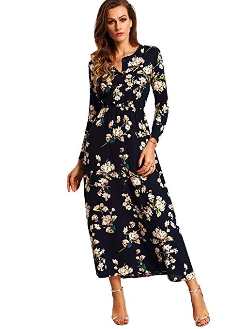 Milumia Women's Boho Long Sleeve Floral Print Beach Party Maxi Dress