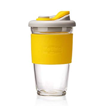 MoChic Reusable Coffee Cup Glass Travel Mug with Lid and Non-slip Sleeve Dishwasher and Microwave Safe Portable Durable Drinking Tumbler Eco-Friendly and BPA-Free (Lemon Yellow,16 OZ)