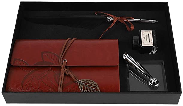 Zopsc Retro Leather Notebook with Fountain Pen with Pen Ink, Dip Feather Pen Set Calligraphy Pen Notebook,Leather Notebook Feather Quill Pen for Gift (red) (Black)