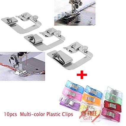LNKA 3 Sizes Rolled Hemmer Presser Foot (1",1/2", 3/4") for Singer Brother Babylock Juki Janome with 10pcs Quilting Binding Clips